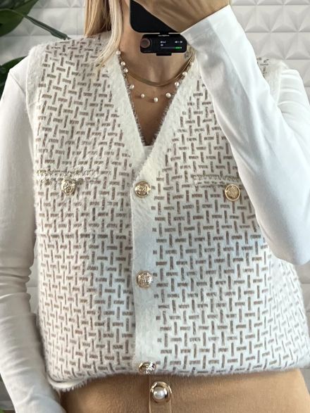 Mohair Metallic Details Vest/White-Camel