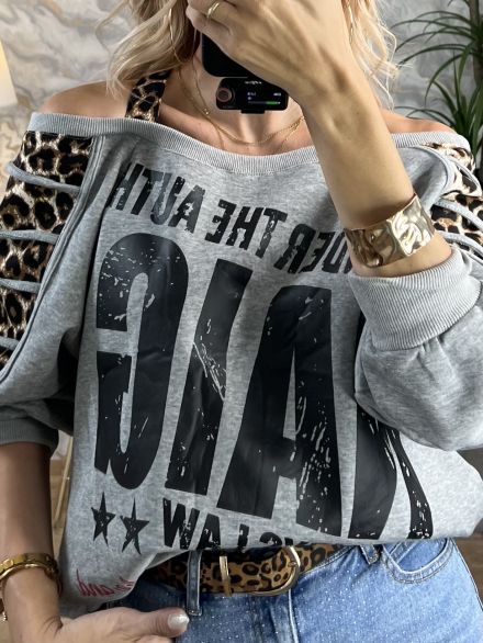 Openshoulders Leopard Sweatshirt/Grey