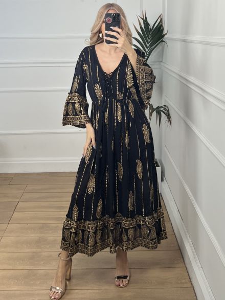 Midi Gold Shapes Dress-2541/Black