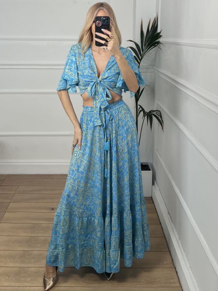 Boho Silk Golden Skirt Set/Turquoise