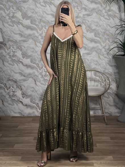 Viscose Gold Print Boho Dress-2544/Khaki
