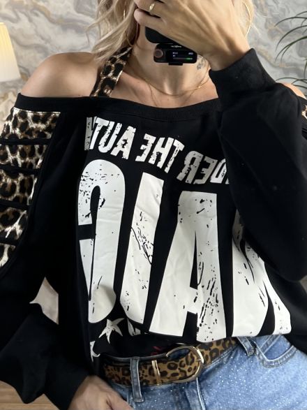Openshoulders Leopard Sweatshirt/Black