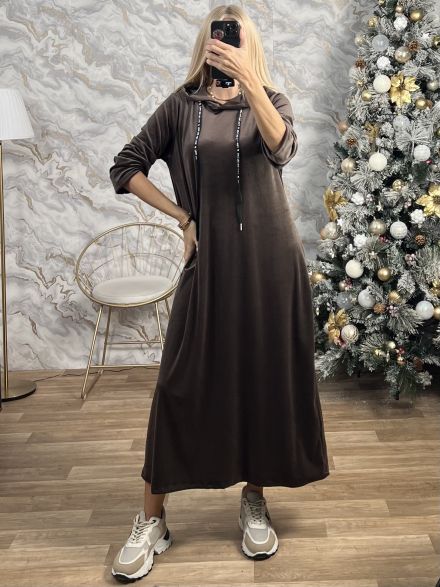 Velvet Oversized Hooded Dress-3283/Chocolat