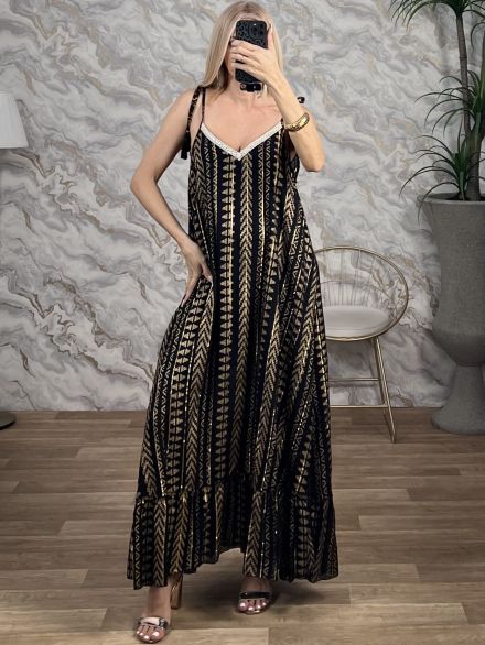Viscose Gold Print Boho Dress-2544/Black