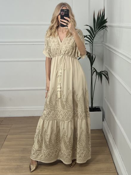 Maxi Boho Embroidered Sleeves Dress-NEW/Beige