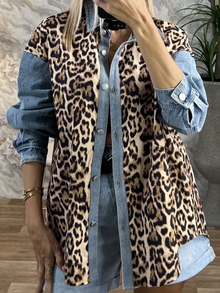 Leopard Denim Details Jacket