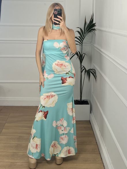 Maxi Strapless Floral Dress/Mint