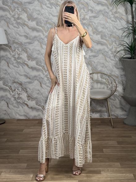 Viscose Gold Print Boho Dress-2544/White