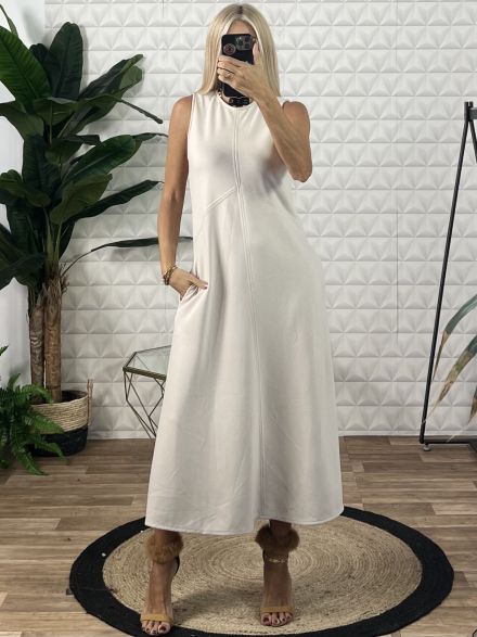 Sleeveless Pockets Maxi Dress-13286/Vanilla