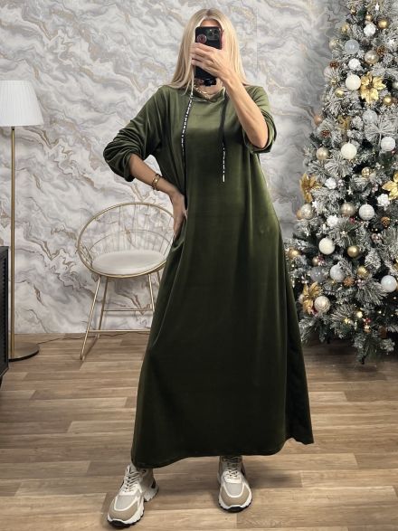 Velvet Oversized Hooded Dress-3283/Khaki