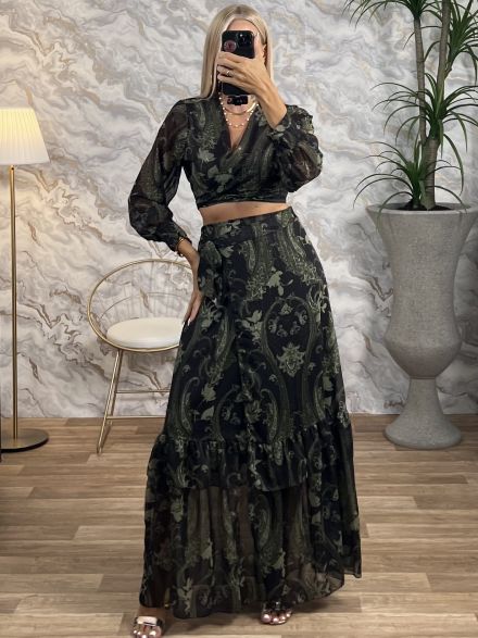 GoldenThread Skirt Set-6032/Khaki