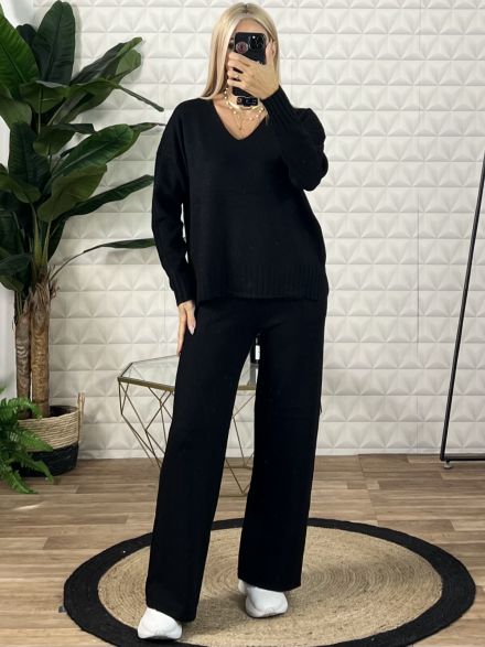 Ve Top Pockets Knitted Set/Black