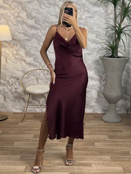 Drape Satin Cut Out Dress/Burgundy
