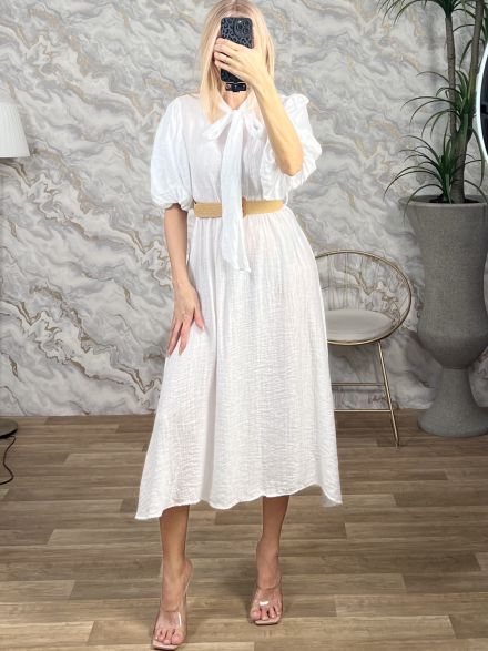 Viscose BowNeck Midi Dress/White