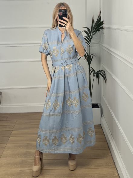 Cotton Gold Thread Dress/Light Denim