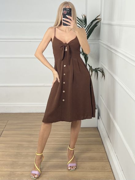 Casual Bow Buttons Dress/Chocolat