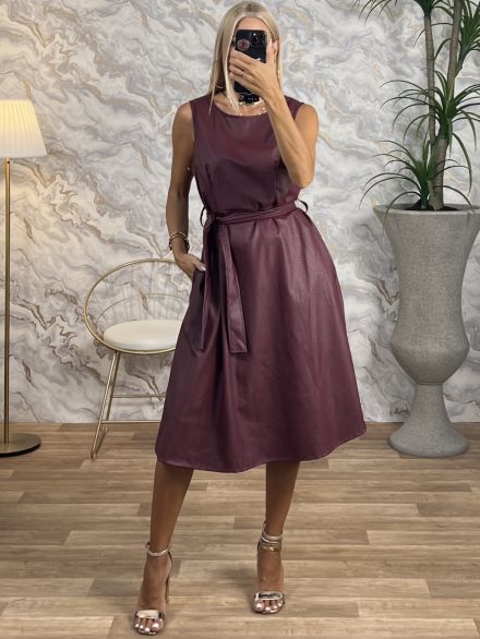 Eco Leather A Midi Dress/Burgundy