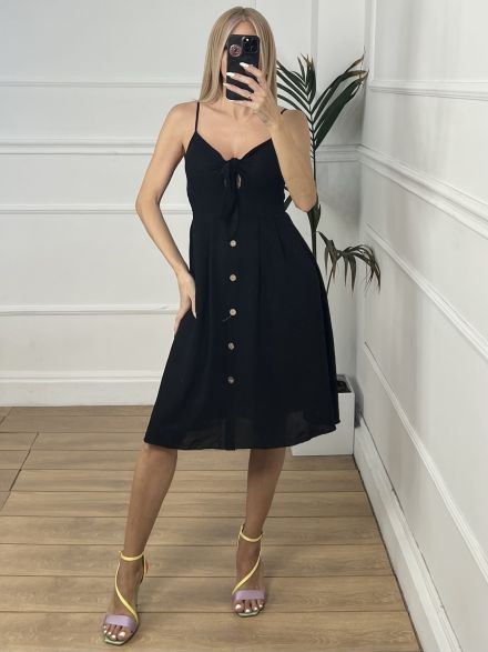 Casual Bow Buttons Dress/Black