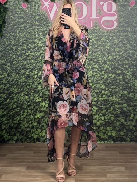 Midi Muslin Floral Dress/Black