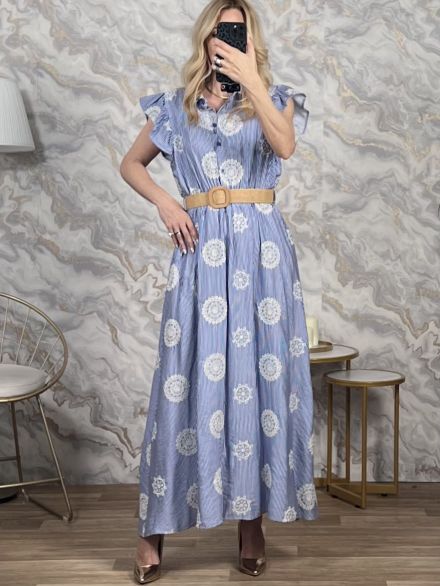 Embroidered Striped Ruffles Maxi Dress-6091/Blue