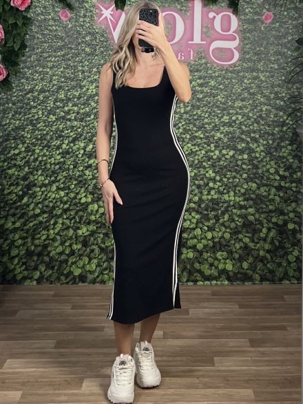 DoubleStripe Midi Ripped Dress/Black