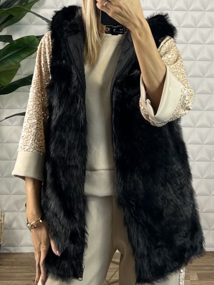 Eco Fur Hood Sleeveless Jacket/Black
