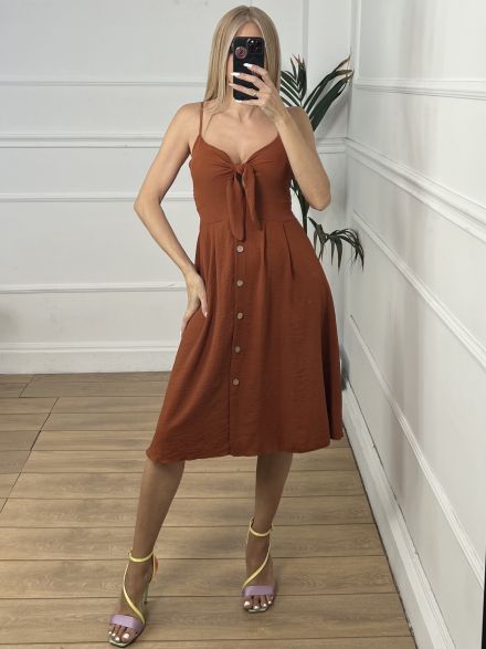 Casual Bow Buttons Dress/Camel