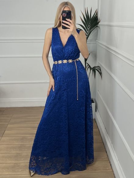 Maxi Elastic Lace Dress/Blue Royal