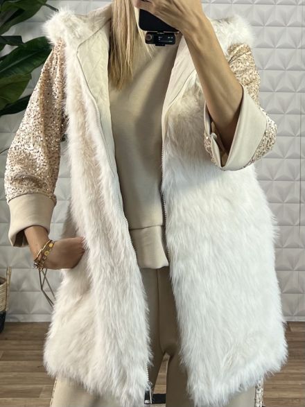 Eco Fur Hood Sleeveless Jacket/Vanilla
