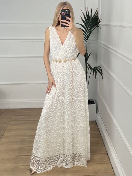 Maxi Elastic Lace Dress/White