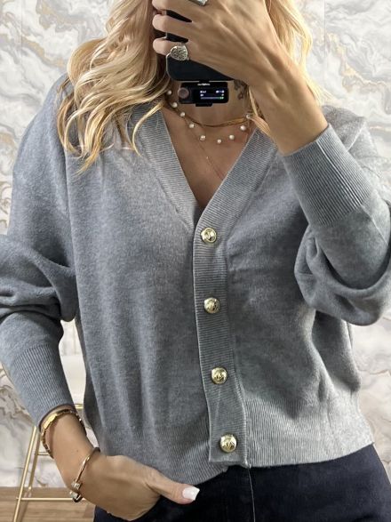 Golden Buttons Cardigan-14612/Grey