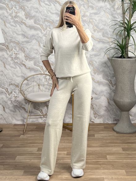 Rhinestones Knitted Turtleneck Set/Vanilla