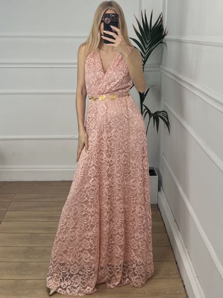 Maxi Elastic Lace Dress/Pink