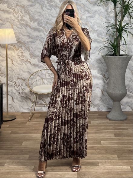 Maxi Satin Pleated Print Dress/Chocolat