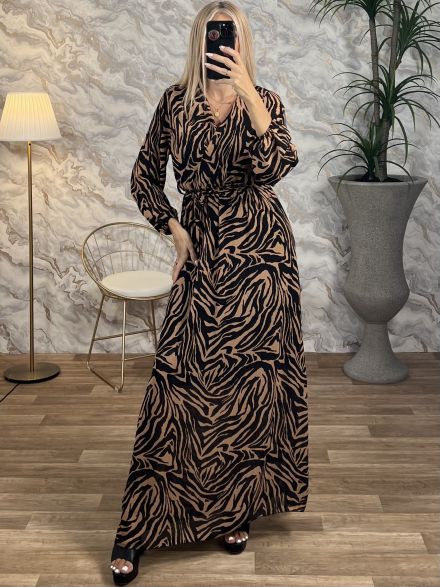 Maxi Muslin Print Dress/Zebra-Beige
