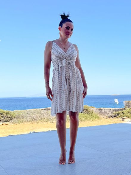 Viscose Mini Gold Print Dress-2530/White