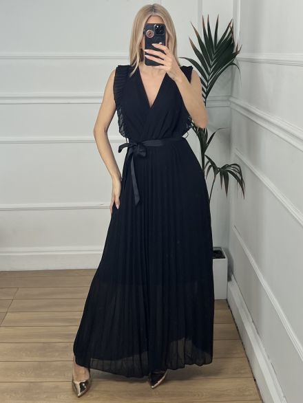 Muslin Rufflesleeves Pleated Dress/Black