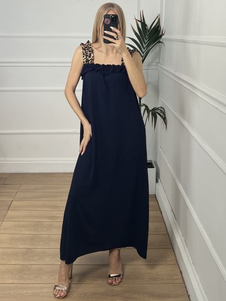 Maxi Leopard Ruffle Dress/Navy Blue
