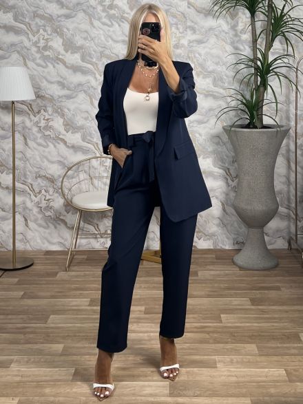 Belt Bow Suit/Navy Blue