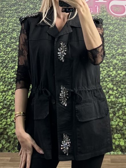 Denim Sleeveless Strass Jacket/Black