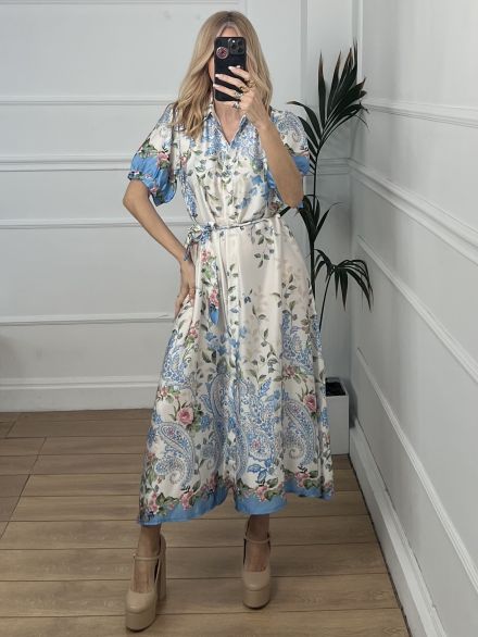 Satin Semizie Floral Dress/L.Blue