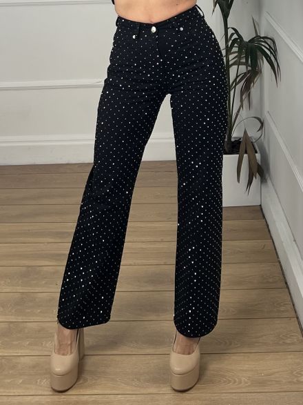 Straight Denim Pants Rhinestones-W002/Black