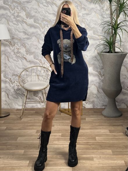 Cord Teddy Hood Dress/Dark Blue