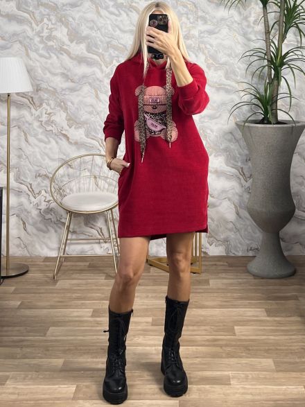 Cord Teddy Hood Dress/Red