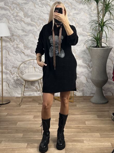 Cord Teddy Hood Dress/Black