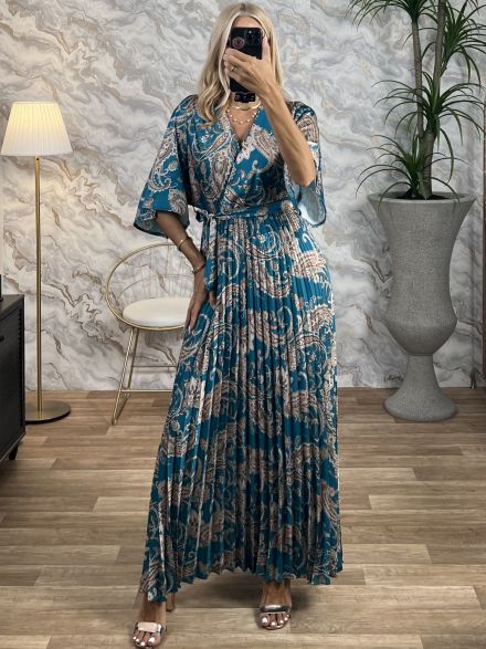 Maxi Satin Pleated Print Dress/Petrol