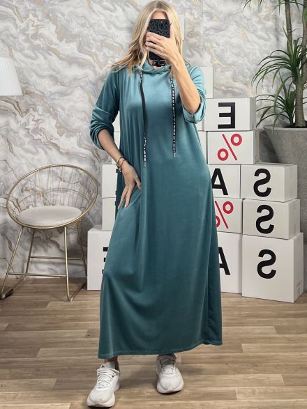 Velvet Oversized Hooded Dress-3283/Mint