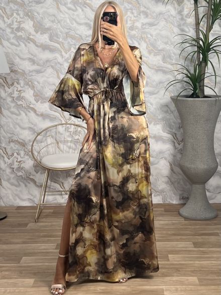 GLOW Satin Dress-Marble/Beige