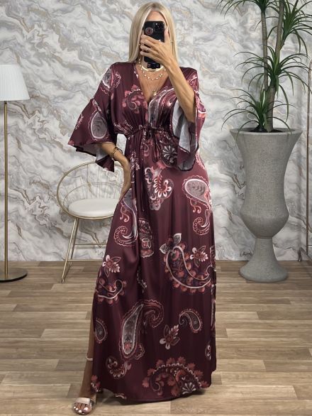 GLOW Satin Dress-Paisley/Burgundy