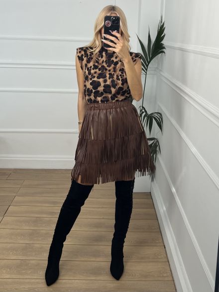 Fringe Leather Mini Skirt/Chocolat